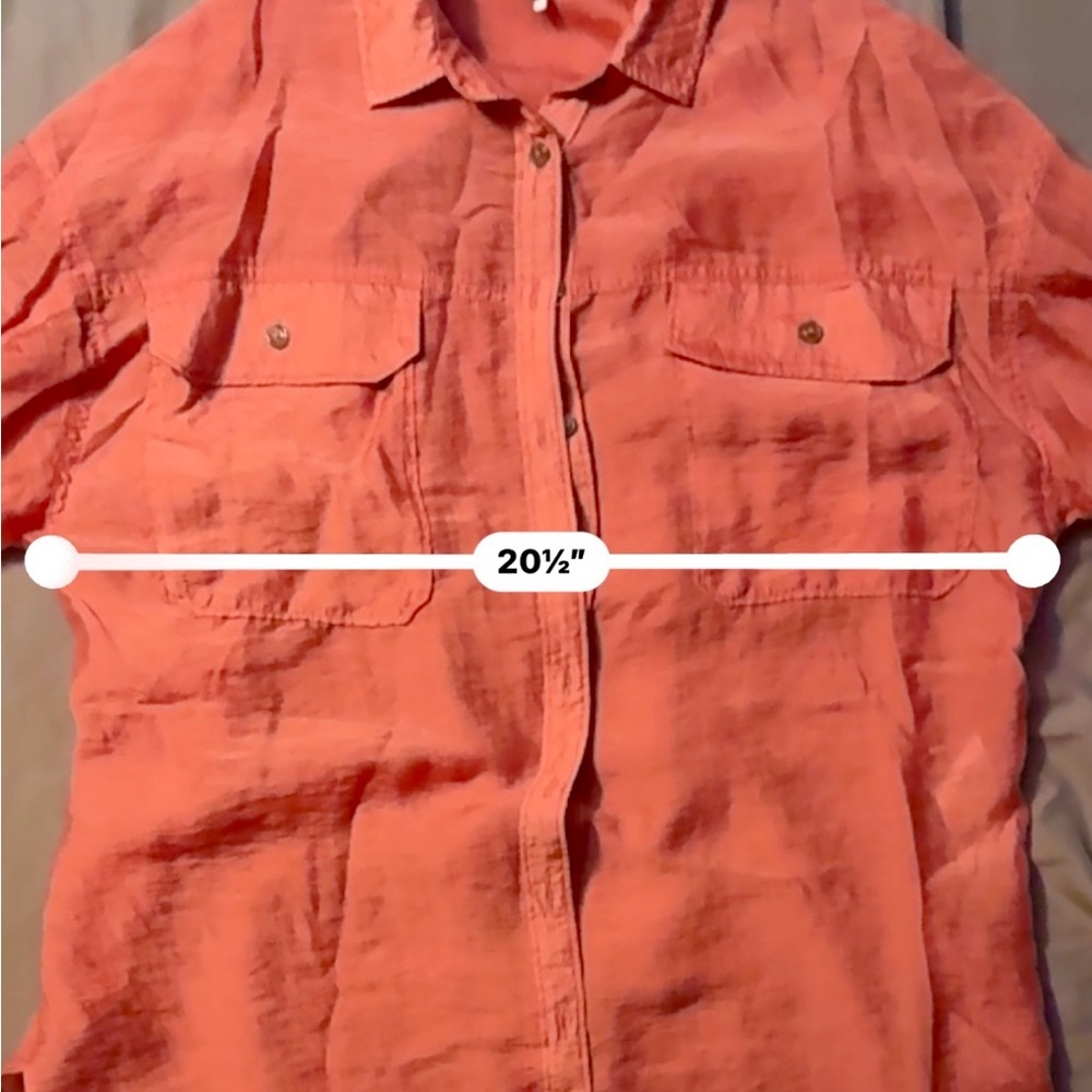 Anthropologie Sz L Coral Pink Relaxed Glossy Classic Oversized Button Blouse - Picture 7 of 8
